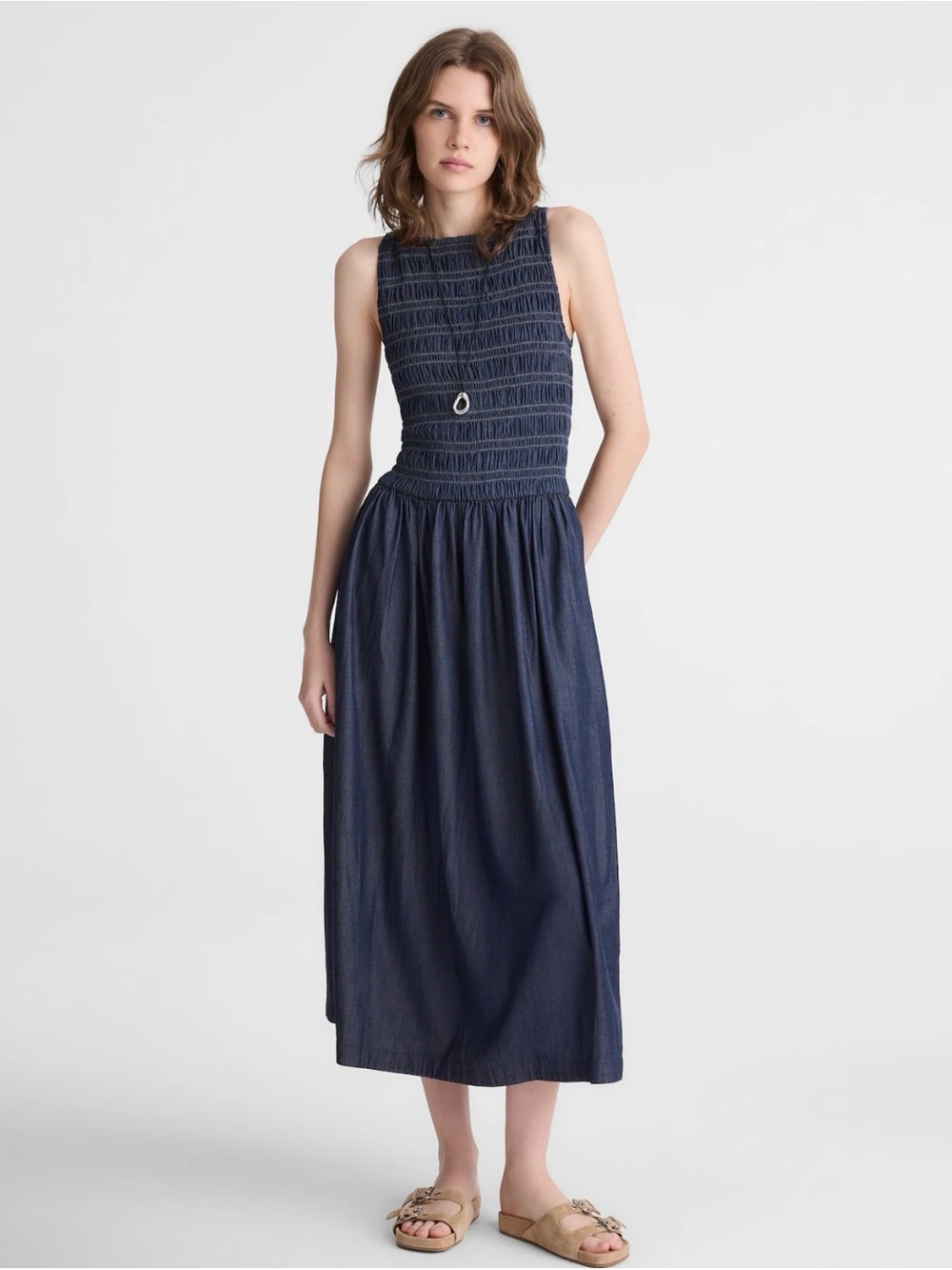 Madewell Denim Smocked Boatneck Midi Dress SZ XS- Carrigan WashRigid